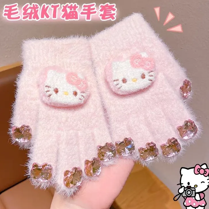 Kitty美甲手套带钻女冬季毛绒保暖防寒学生户外骑行加厚可爱新款