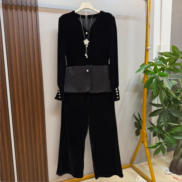 早秋新款大码女装时尚气质V领丝绒拼接开衫十遮臀阔腿裤（可单拍