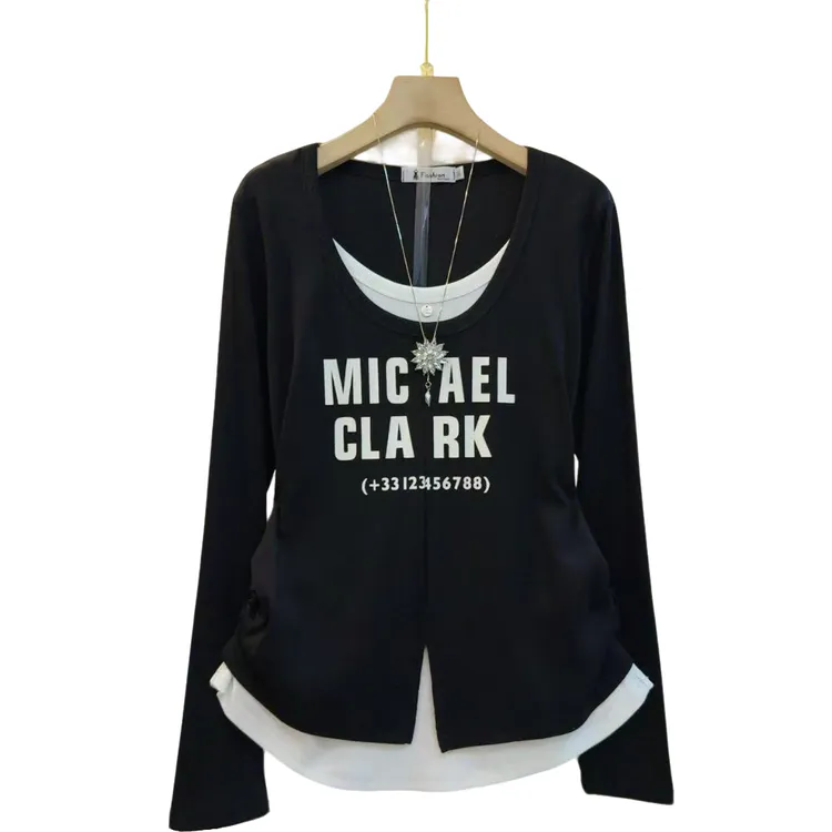 新款时尚美式复古收腰设计假两件圆领T恤上衣（长61左右）