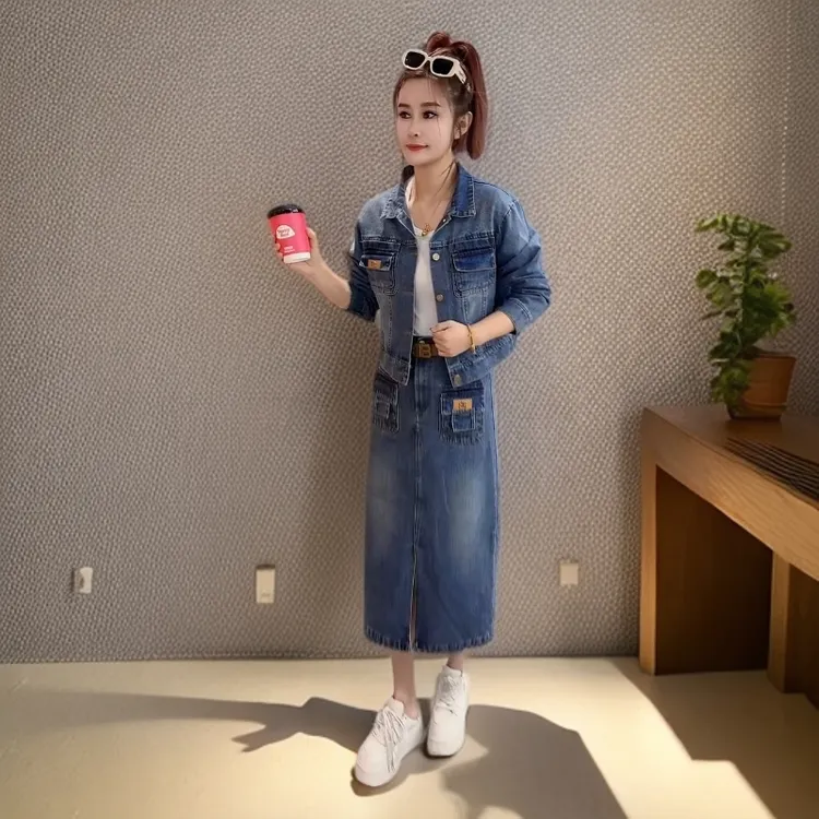 休闲时尚牛仔套裙女2025秋季新款洋气显瘦短款外套高腰开叉半身裙