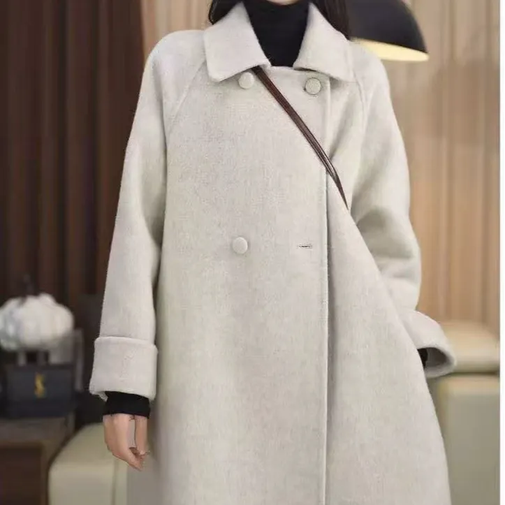 60016番外冬季新款娃娃领中长款宽松显瘦双面毛呢外套女