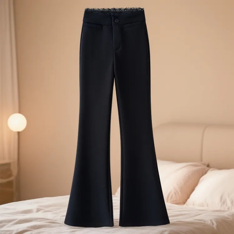 拉夏贝尔秋冬加绒黑色微喇裤子女休闲裤垂感西装裤高腰显瘦喇叭裤