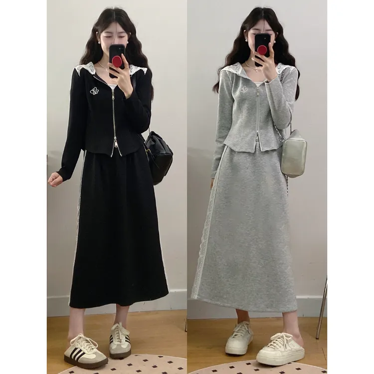 大码女装新款气质刺绣蕾丝拼接上衣+高腰显瘦半身裙两件套