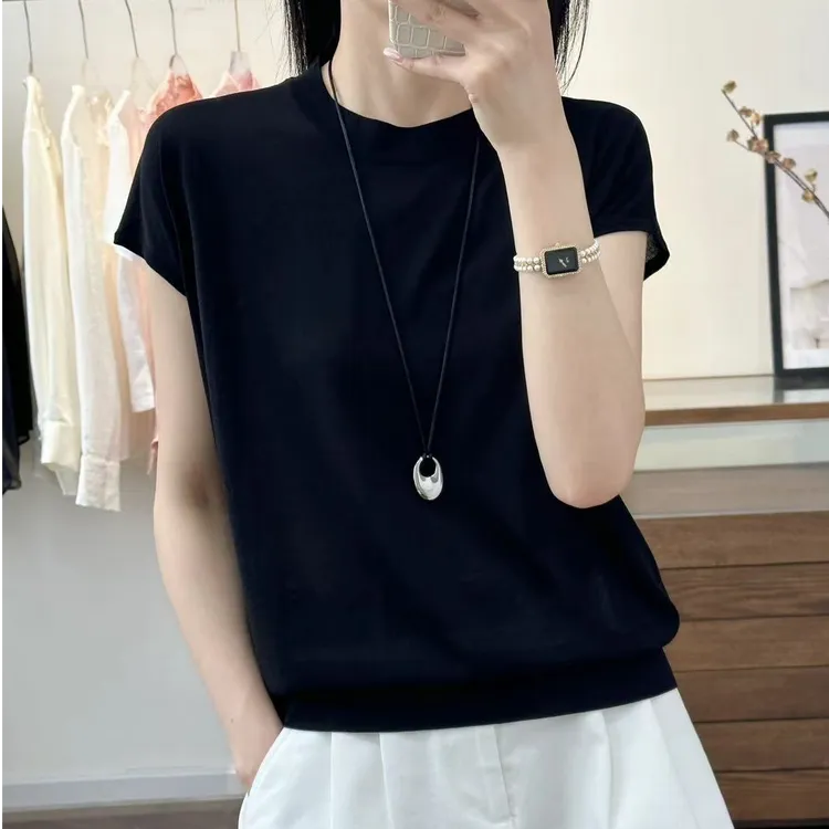 品牌夏季天丝短袖T恤女100%莱赛尔针织衫薄款大码宽松透气上衣潮