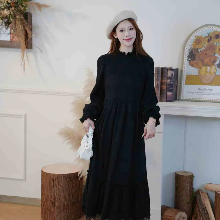 两三事黑天鹅【加绒加厚】黑色长爆款黑色圣诞连衣裙裙子冬装氛围感