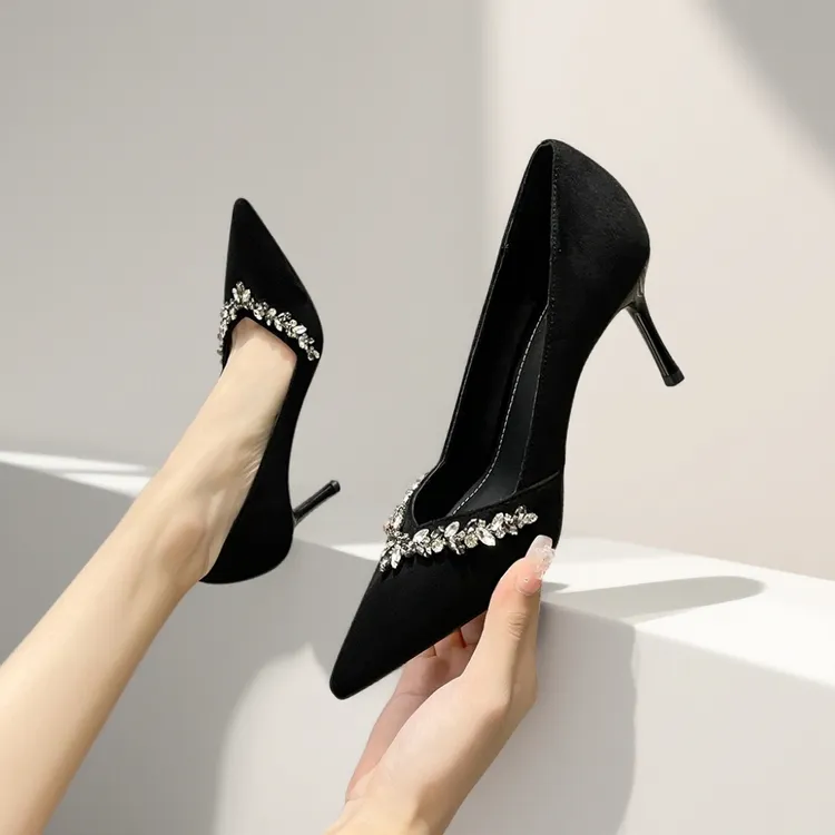 法式细跟高跟鞋商务绒面V口水钻链条高跟鞋韩版单鞋气质浅口春季