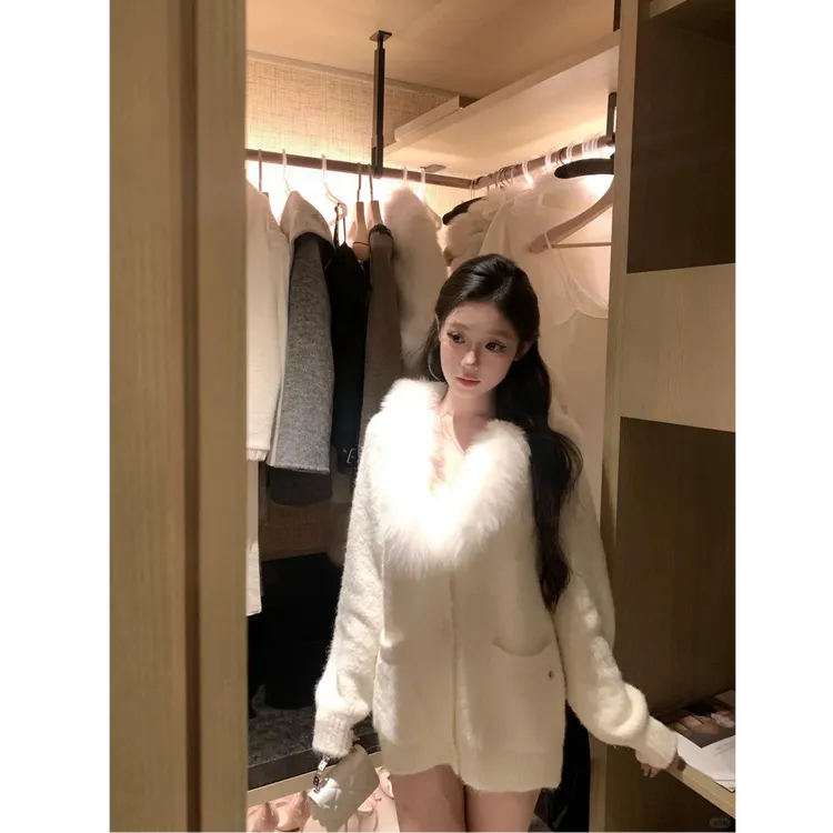 【奶芙塔塔】纯欲大毛领连帽宽松毛衣外套软糯高级感针织开衫上衣潮