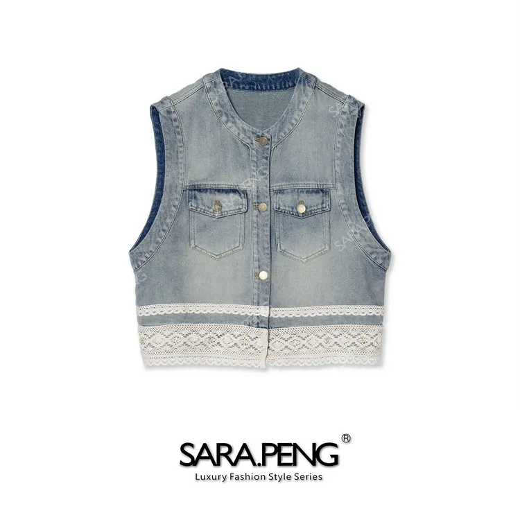 SARA.PENG破晓花蕊｜重工水洗拼蕾丝花边马夹牛仔上衣｜叠穿百搭款