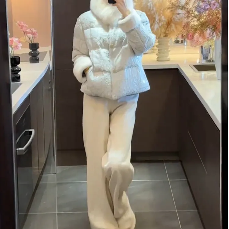 新中式国风短款棉服套装冬季2025新款毛毛领提花夹棉外套唐装上衣