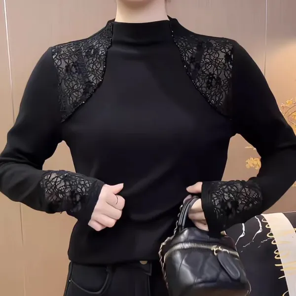 气质长袖女秋冬洋气新款百搭半高领加绒上衣女款大码蕾丝打底衫