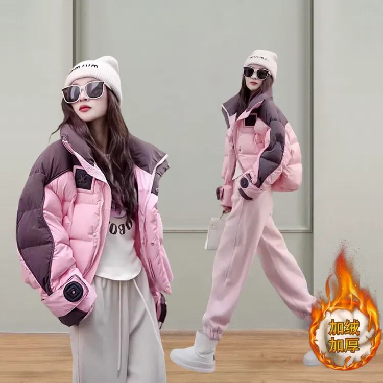 韩版短款加绒连帽棉服百搭保暖休闲裤新款运动冬季穿搭一整套女装