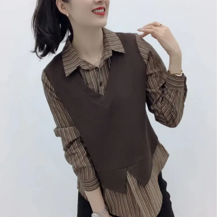 【茶芙巷】春秋新款假两件拼接长袖衬衫女士条纹时尚洋气【ZS】