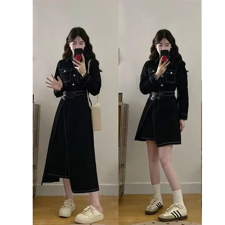 2025秋季新款大码女黑色牛仔收腰显瘦一片式不规则下摆连衣裙2023