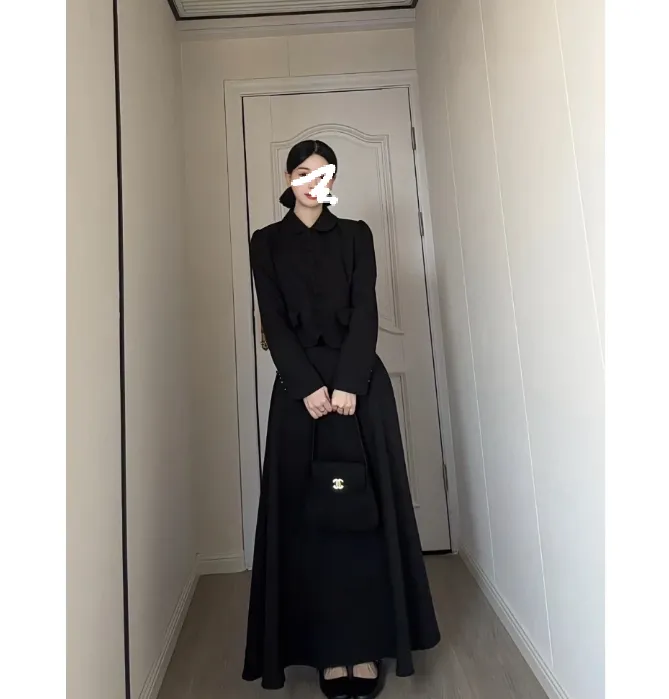 古早韩女 温柔复古感粉色包扣小外套A字高腰伞裙两件套装3433#