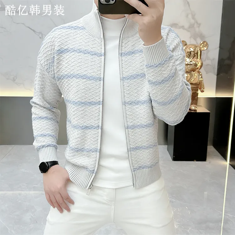 轻奢男装秋冬新款潮牌针织开衫外套男翻领修身时尚毛衣条纹潮1124