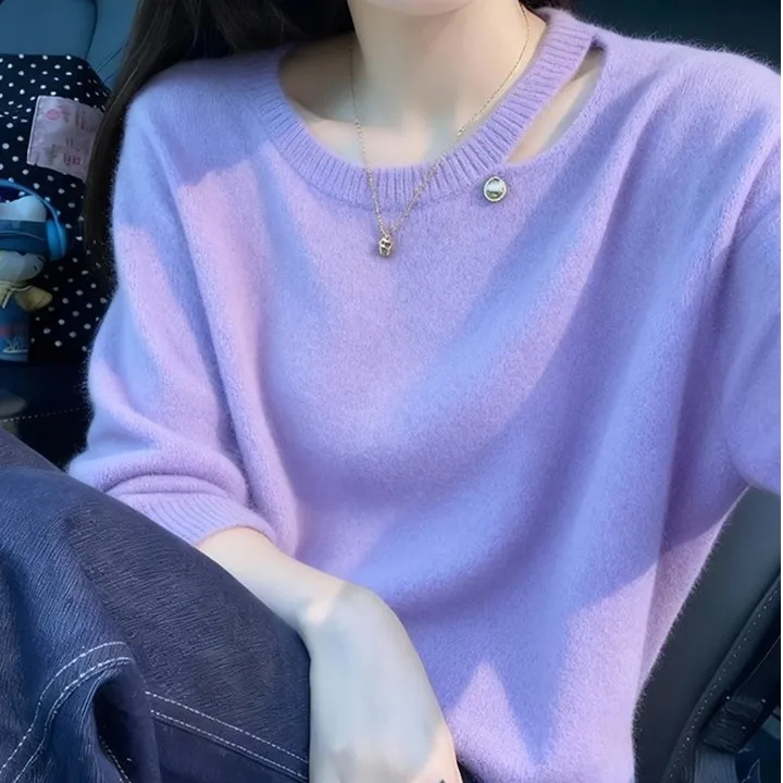 韩系氛围感独特漂亮针织宽松显瘦多巴胺紫色镂空套头长袖毛衣女潮
