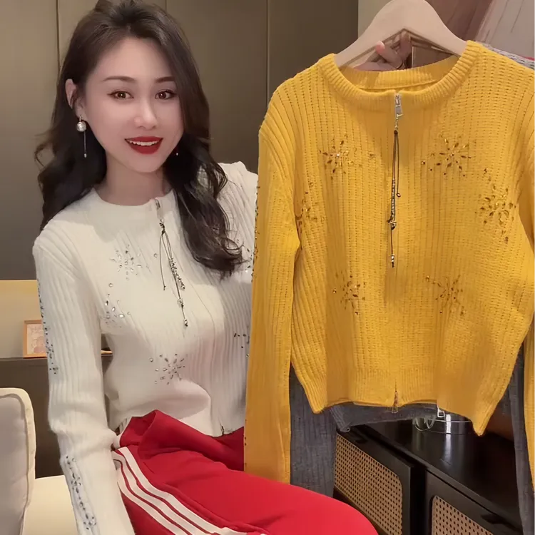 轻奢拉链针织开衫女圆领亮片装饰毛衣外套温柔休闲风高级感上衣