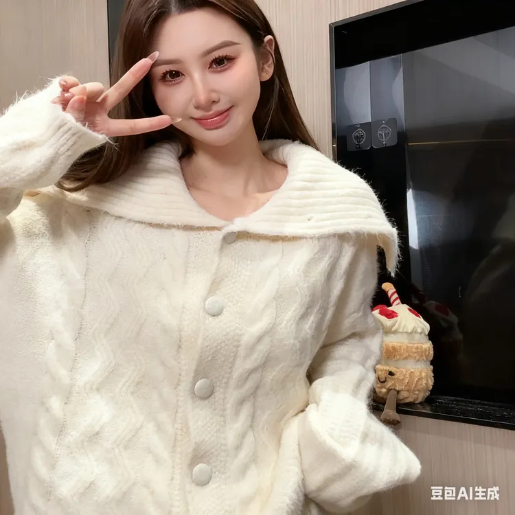 翻领针织女常规款慵懒风毛针织衫气质连帽宽松毛衣外穿加厚秋冬