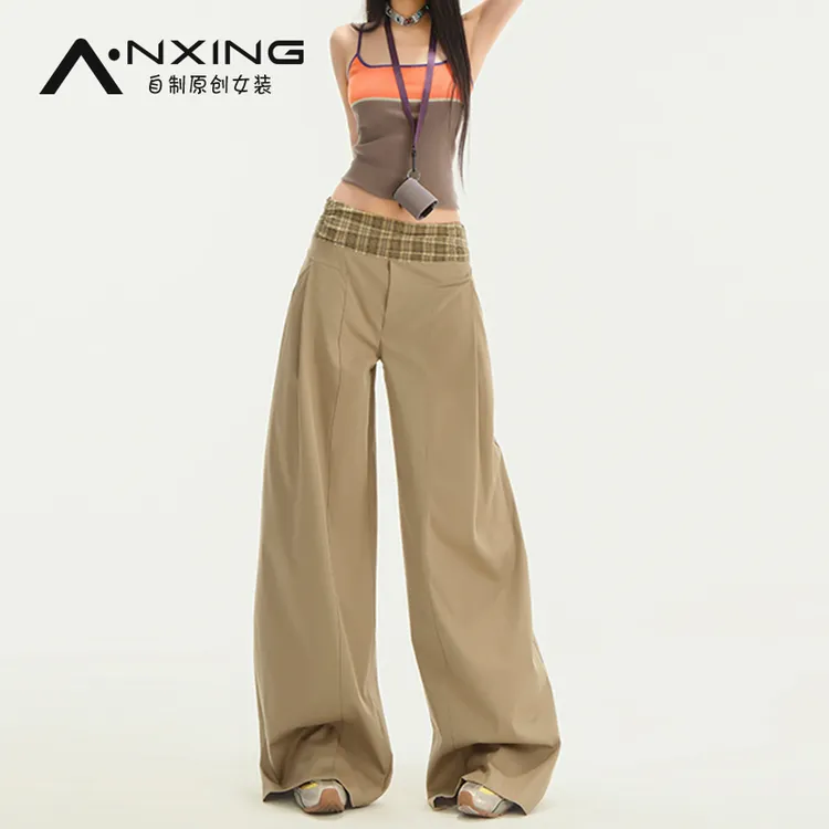 卡其色美式休闲裤女2025新款百搭小众设计感慵懒垂感直筒阔腿裤子
