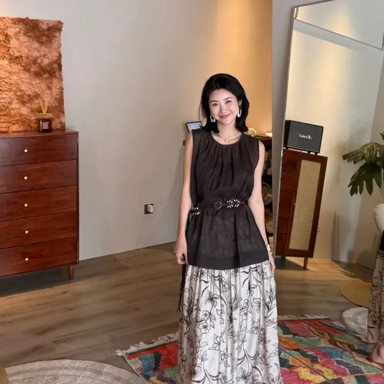 【暮色】定染纯色棉麻无袖小衫夏季宽松显瘦褶皱圆领上衣女