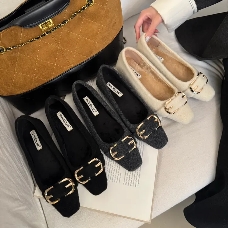 秋冬新款金属扣方头浅口单鞋女绒面一脚蹬通勤鞋气质单鞋