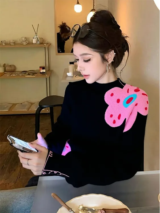 2025冬季软糯慵懒风上衣高级感超好看减龄法式别致独特黑色毛衣女