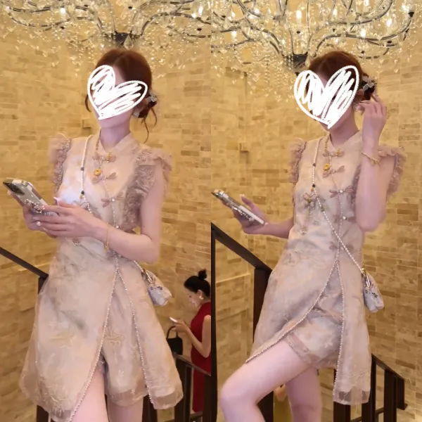 新中式国风刺绣飞飞袖旗袍修身连衣裙套装女夏季气质阔腿裤两件套