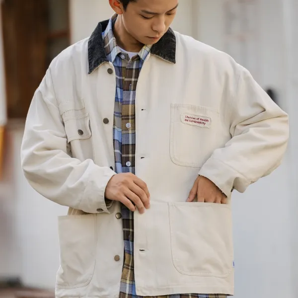 PAXOM秋冬复古水洗做旧多口袋工装夹克密歇根呢子棉服外套