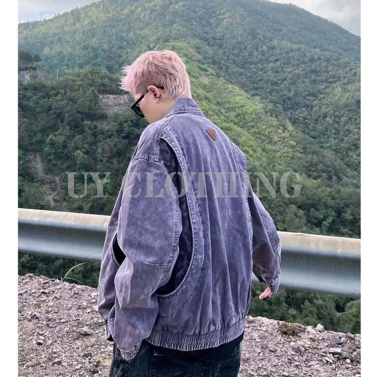 UY-美式复古做旧解构豹纹迷彩拼接休闲夹克重磅廓形短款外套897