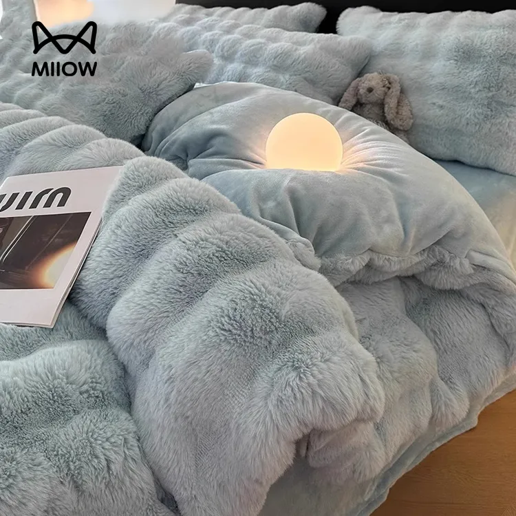 猫人仿兔毛牛奶绒床上四件套新款秋冬季双面加绒珊瑚绒床单被套件