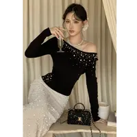 秋新款法式气质优雅纯欲性感重工珍珠针织衫修身显瘦打底衫9264#