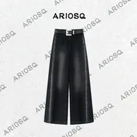 艾家春季时尚女水洗厚款直筒裤高腰牛仔裤百搭黑色女士=AC324120