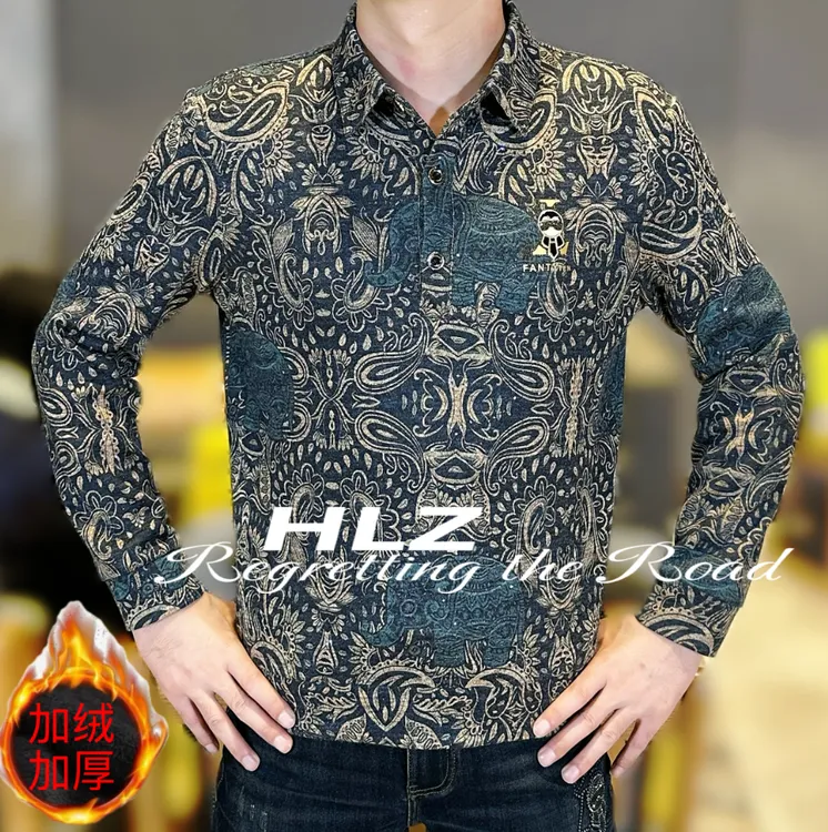 2025秋冬新款修身男士时尚休闲巴洛克图案纽领加绒加厚长袖针织衫