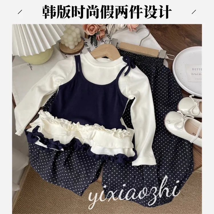 J秋上新女童时尚洋气假两件套装女宝韩版休闲甜美假两件套装Q018