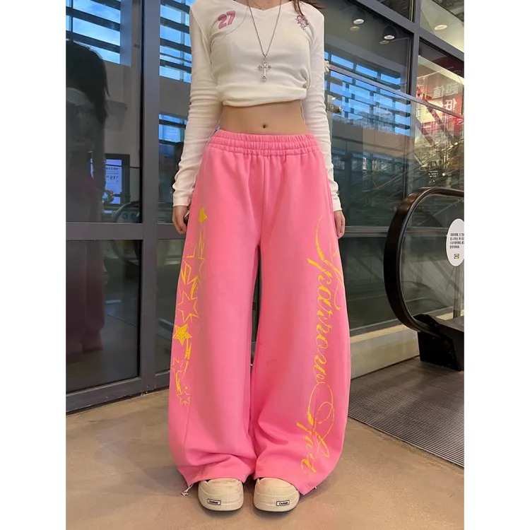 美式慵懒风星星印花阔腿休闲卫裤女宽松百搭街头垂感多巴胺春秋季