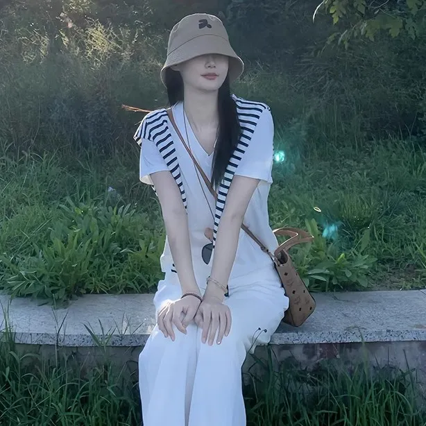 白色v领两件披肩气质短袖t恤女宽松休闲海军领正肩上衣显瘦H1003