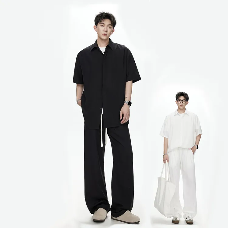 夏季男士凉感冰丝衬衫套装薄款休闲百搭痞帅宽松套装潮流垂感