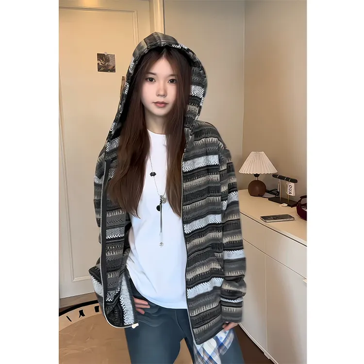 日系慵懒条纹秋季新款卫衣男美式复古毛呢宽松系休闲帽衫外套