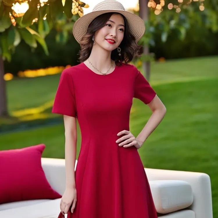 夏季修身显瘦包臀扎染薄款a字红色连衣裙气质减龄时尚婚宴礼服