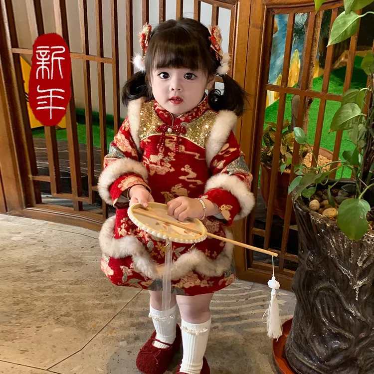 儿童冬季新款中国风过年穿女童加绒加厚唐装旗袍拜年服连衣裙冬装