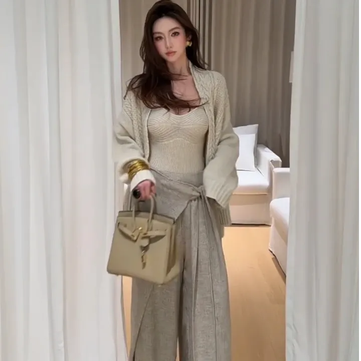 法式设计叠穿背心吊带上衣绞花粗线针织衫长袖开衫不规则绑带裤子