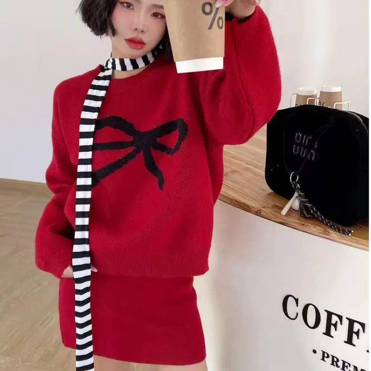 新年红色蝴蝶结提花套头针织毛衣高腰短裙两件套女24秋冬新款套装