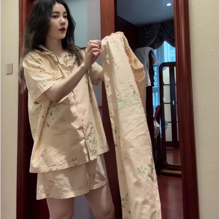薄款女士韩系甜美风印花翻领开衫短袖长裤睡衣可外穿休闲慵懒套装