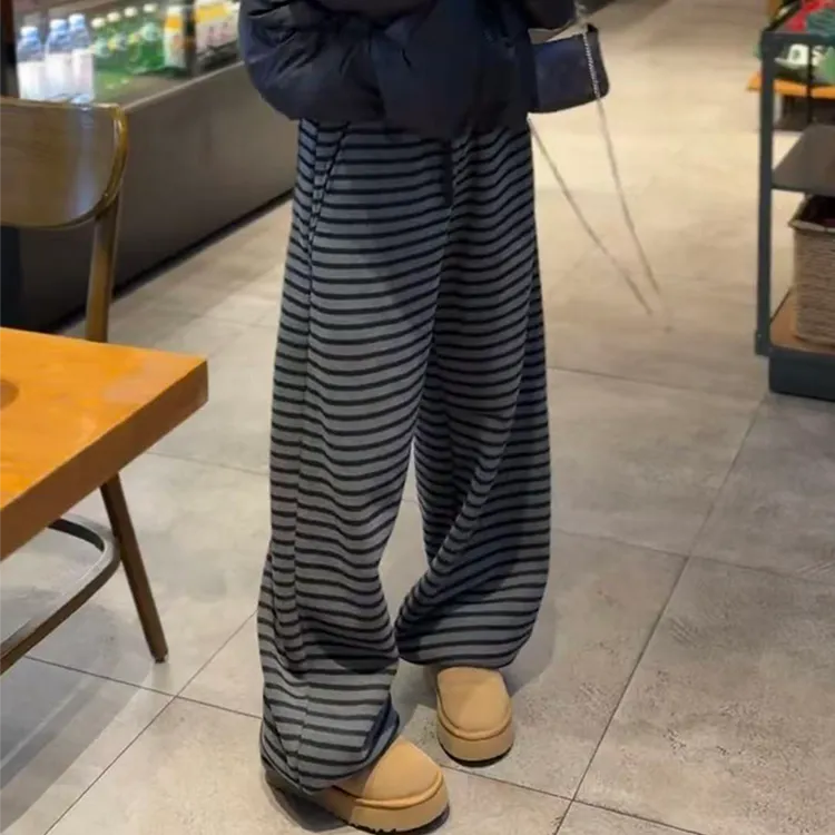 2025冬季新款条纹加绒加厚阔腿裤女时尚设计感通勤高腰直筒休闲裤