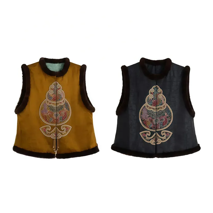 【丝绸之路】香云纱桑蚕丝葫芦新中式中国风龟裂水貂毛上衣马甲早秋