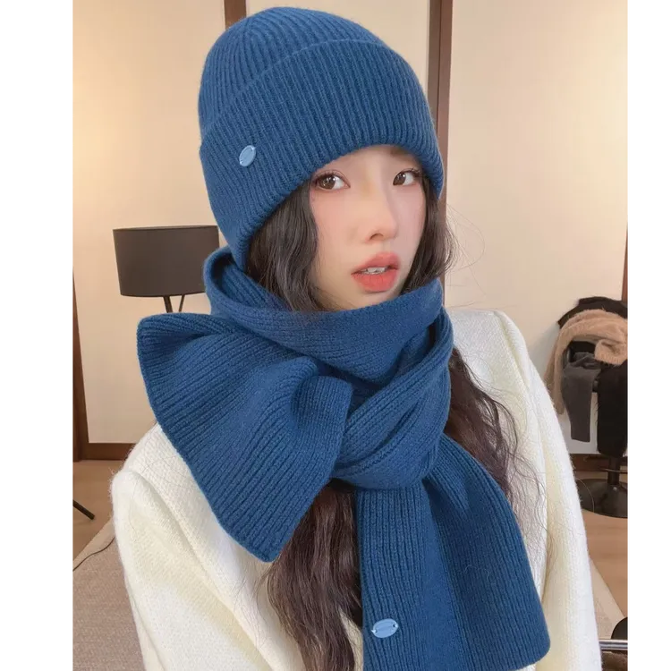 【100%羊毛帽子围巾手套】针织帽帽子圆顶秋冬克莱因蓝针织极简帽子