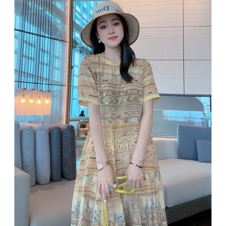 【丝芙玉禄】(S273)100真丝印花黄色民族风时尚桑蚕丝女装连衣裙