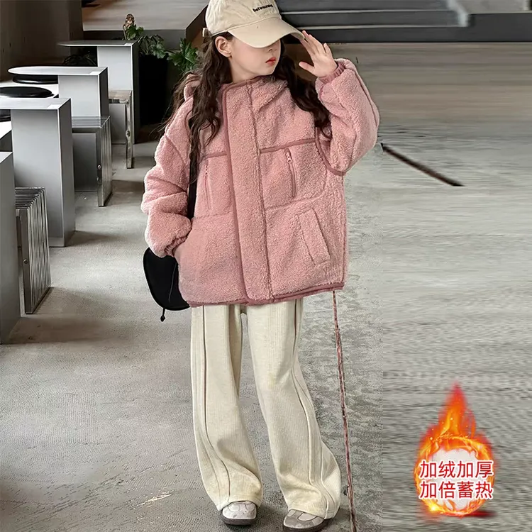 女童毛毛衣夹棉秋冬装2024新款中大童连帽羊羔绒外套加厚保暖上衣