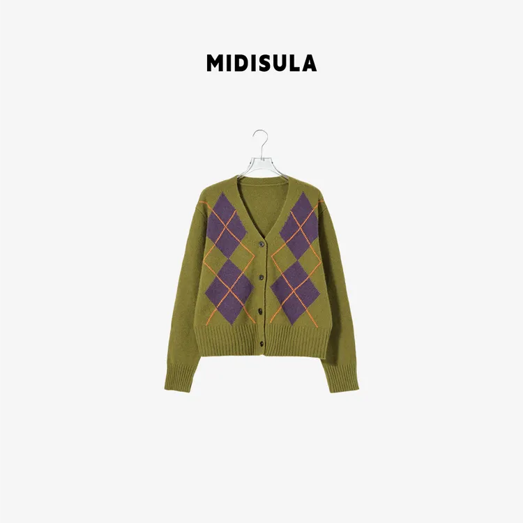 MDSL· 时尚韩版V领菱形格提花撞色设计感洋气别致羊毛开衫#02323