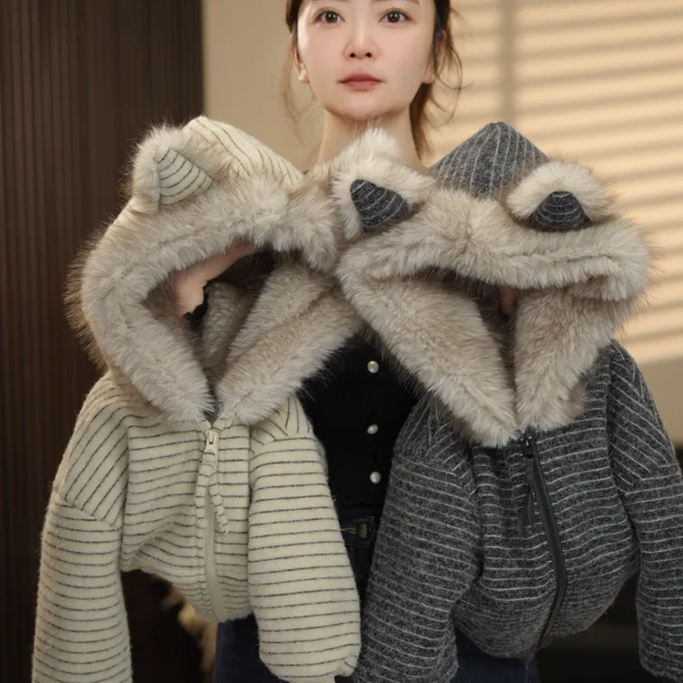 加棉加厚冬季新款条纹连帽加绒慵懒宽松 宝宝上衣男女童